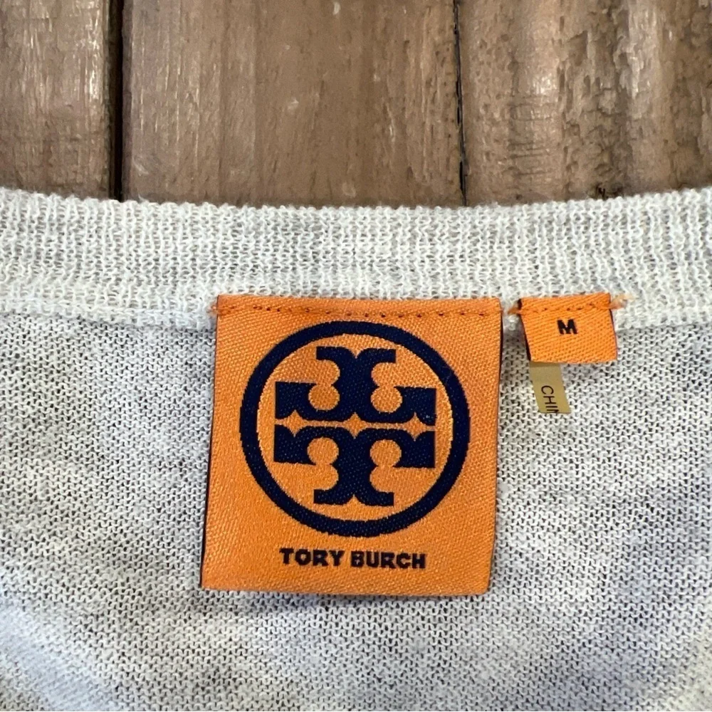 Tory Burch Lightweight Sweater Womens Medium Ruffled Front Cotton Gray Preppy